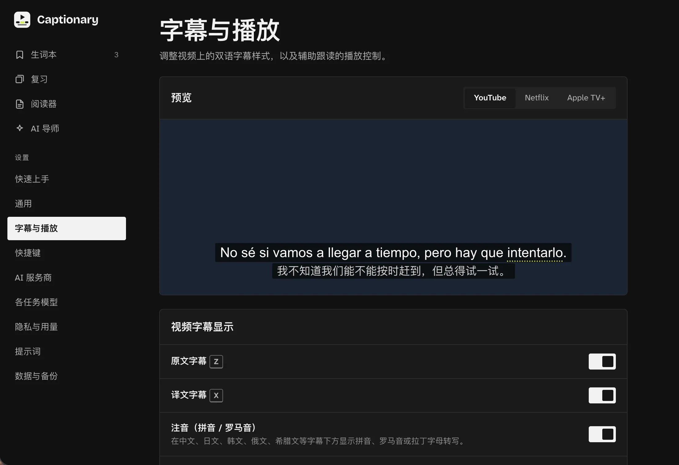 Captionary subtitle and playback settings with a live preview
